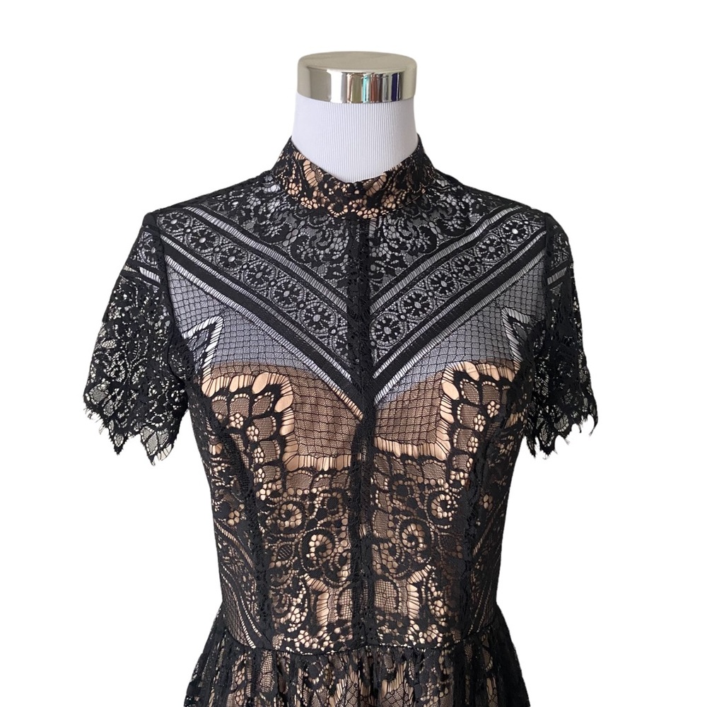 Lulu’s Ryse the Label Katie Black and Nude Lace Short Sleeve Skater Dress - Picture 6 of 15